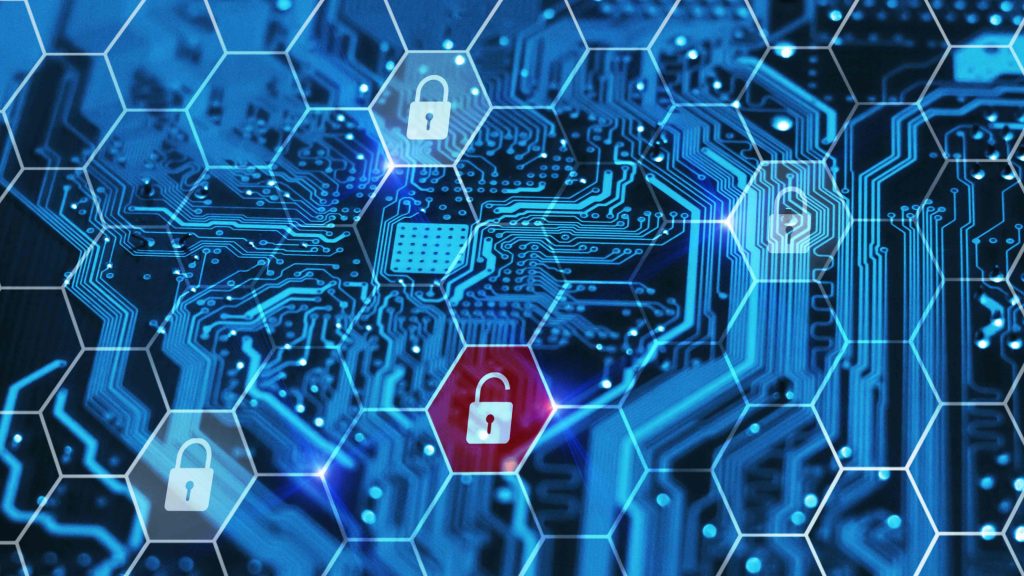 A digital circuit board with interconnected pathways is overlaid with hexagonal shapes. Inside several hexagons are padlock icons, with one in the center displaying an unlocked red padlock. The image represents cybersecurity, IT services, and data protection themes.