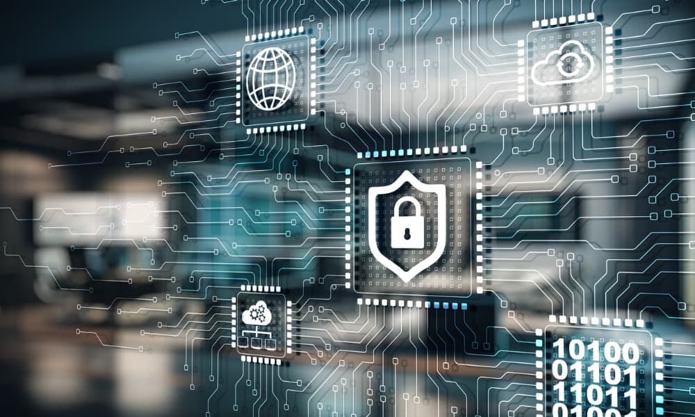 A digital representation of a secure network with icons of a lock, globe, cloud, and computer chip interconnected by circuitry. The background features a blurred office setting, symbolizing cybersecurity in an SMB professional environment.