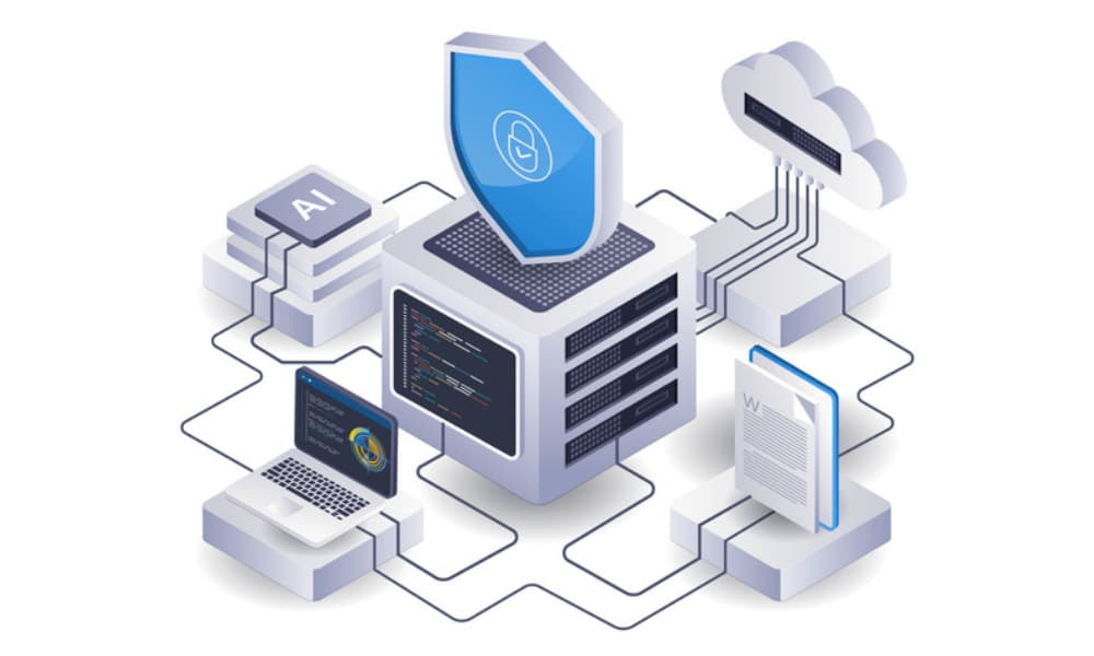 A digital illustration showing interconnected technology elements: a central server unit, a laptop, a tablet with a document, AI block modules, and a cloud storage icon. The server is shield-shaped, signifying cybersecurity and data protection. Microsoft Intune integrations enhance device management across the network.