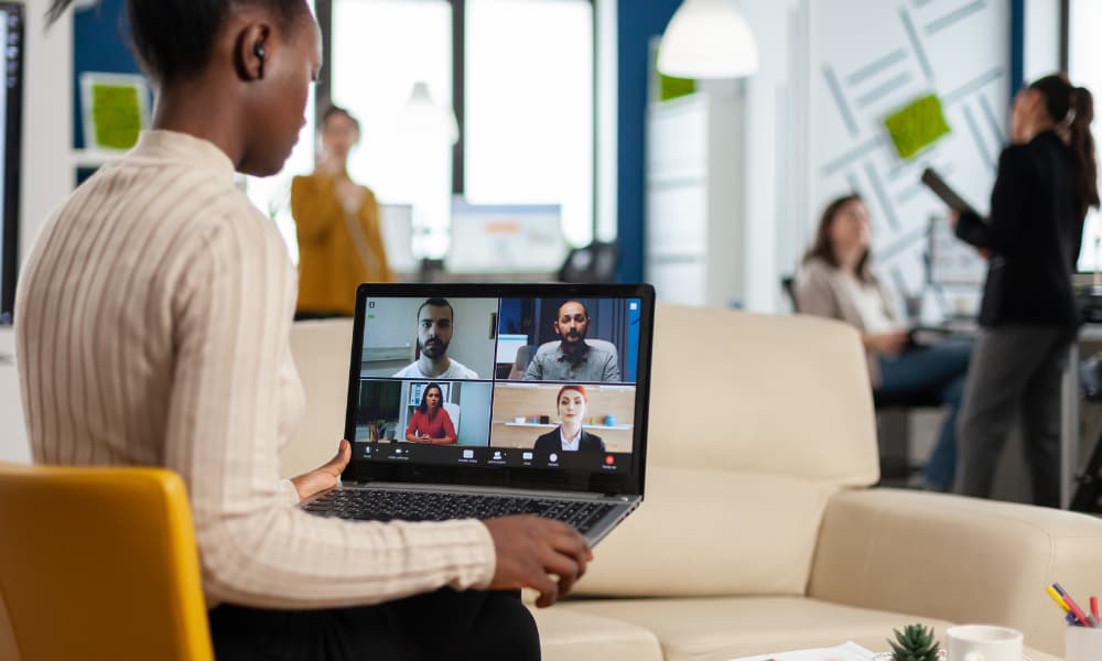 Remote worker connects with her team.