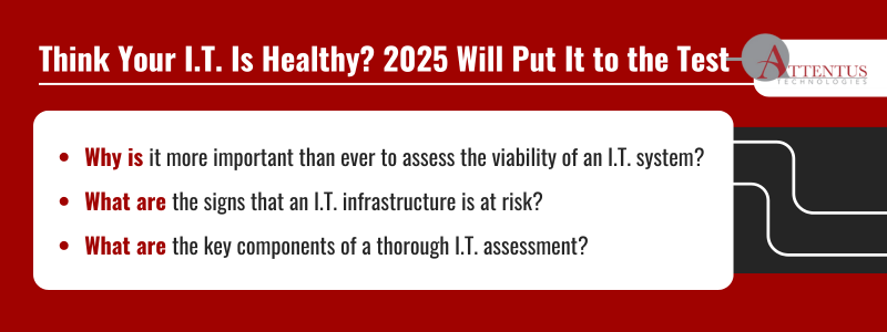 Key Takeaways:

Why is it more important than ever to assess the viability of an I.T. system?
What are the signs that an I.T. infrastructure is at risk?
What are the key components of a thorough I.T. assessment?
