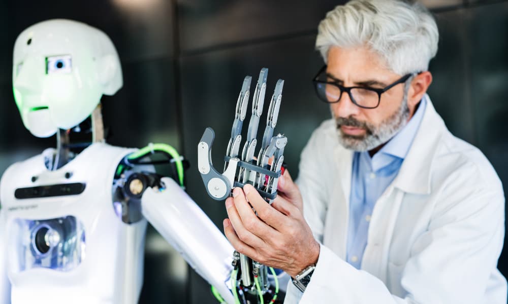 In a cutting-edge 2025 laboratory, a scientist with glasses examines and adjusts a robot's hand. The humanoid robot, with its sleek white and metallic design, stands by in the modern I.T. space, symbolizing the healthy synergy between humans and technology.